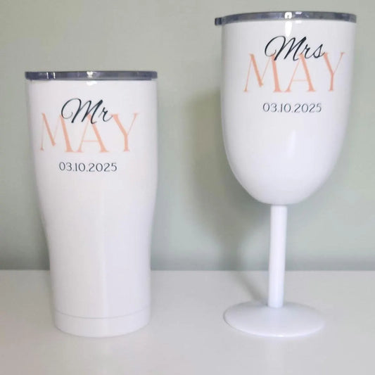 Personalised Mr & Mrs Wine & Beer Tumbler Set – Wedding or Anniversary Gift – Keeps Drinks Cold