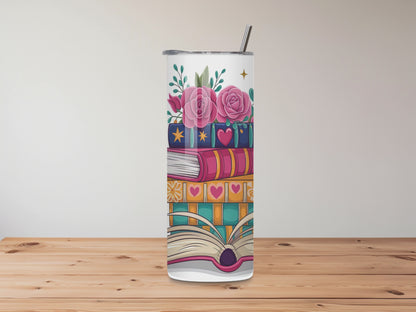 Just a Girl Who Loves Books – 20oz Floral & Book Lover Tumbler – Stainless Steel with Lid Options – Personalised Gift
