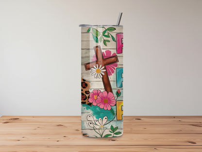 Christian 20oz Tumbler – “Pray On It, Pray Over It, Pray Through It” with Cross & Floral Design – Double-Walled Stainless Steel with Two Lid Options