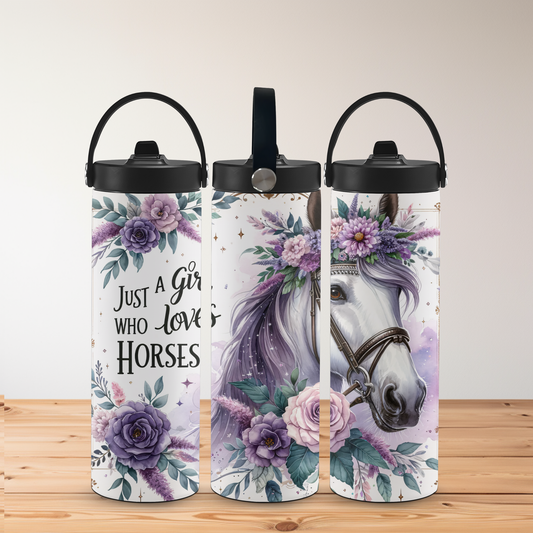 Just a Girl Who Loves Horses – 20oz Tumbler with Pink & Purple Floral Horse Design